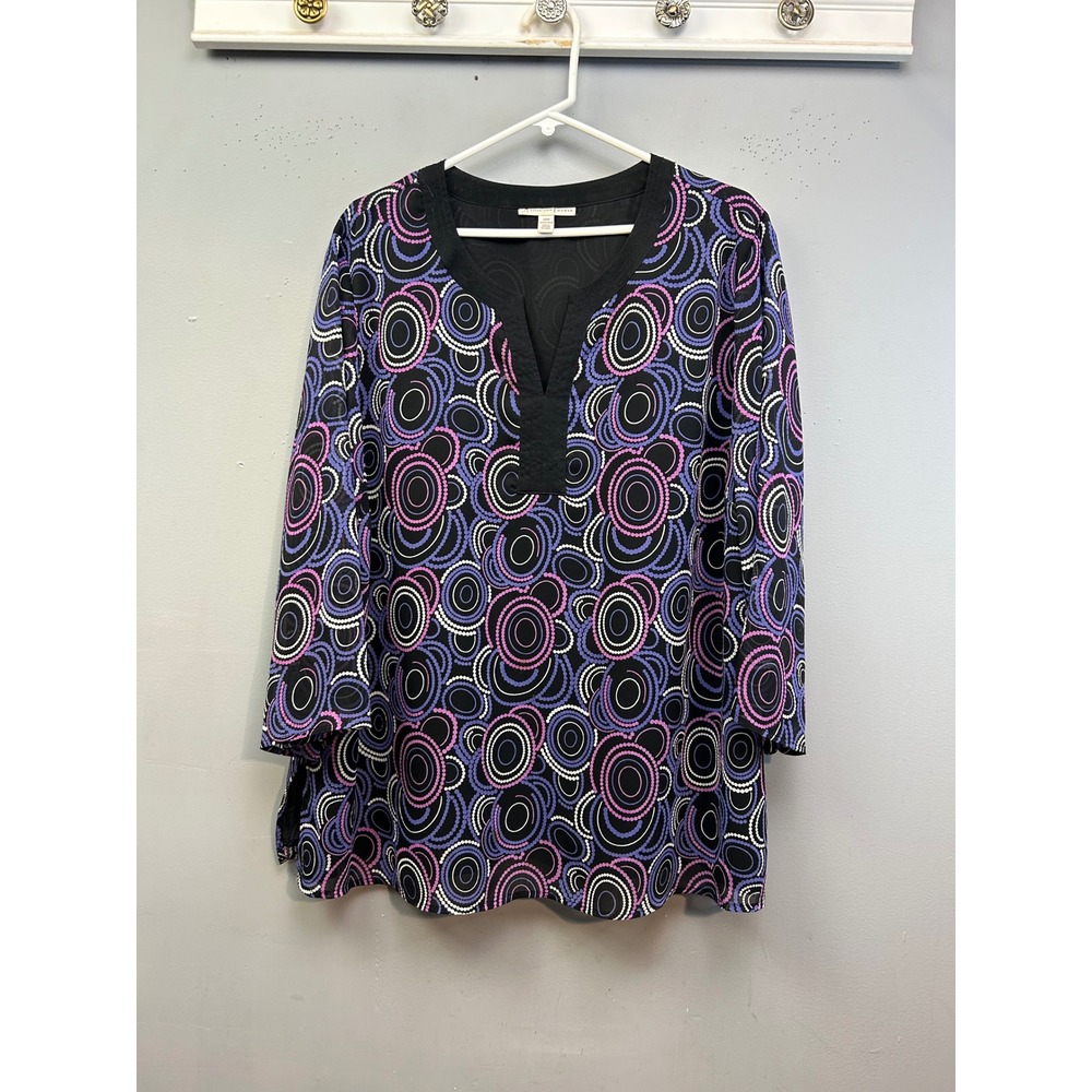 JM Collection Tunic Women 22W Black Purple Blue Circle Split‎ Neck 3/4 Sleeve